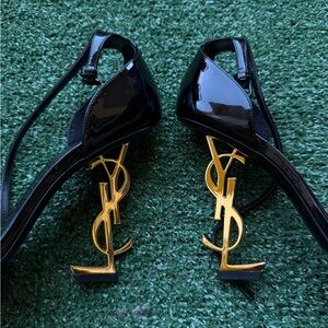 Yves Saint Laurent Glossy Black Heels with Gold Logo